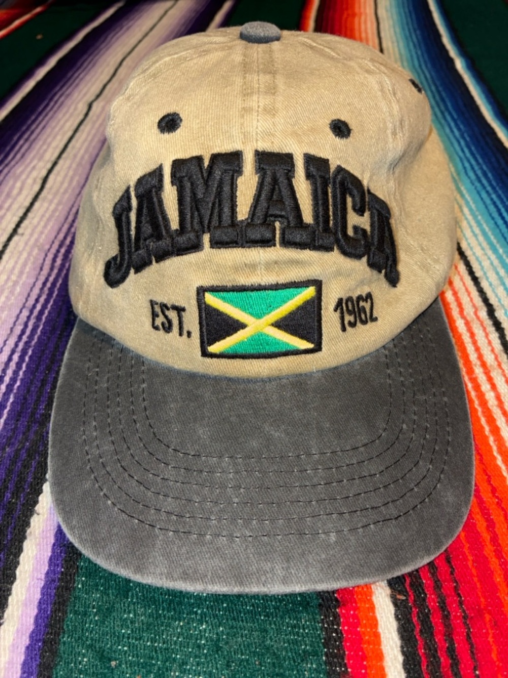 Jamaica Flag Hat Est 1962 Beige Black Adjustable Cap